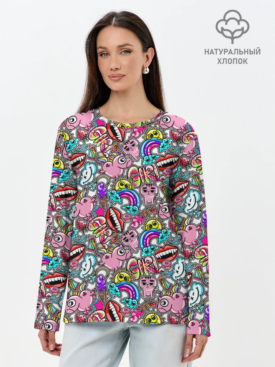 Лонгслив женский. Хлопок / сумасшедший стикербомб