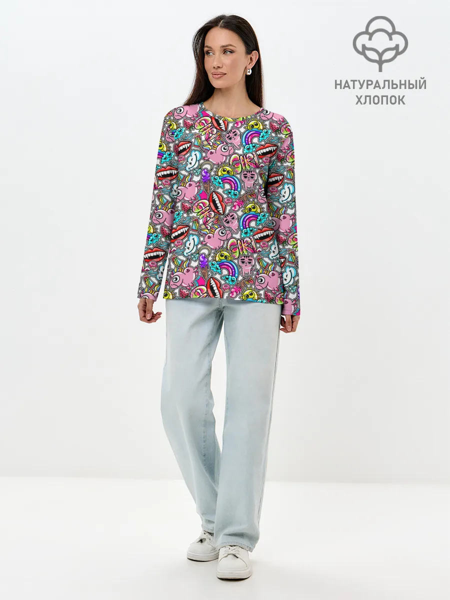 Лонгслив женский. Хлопок / сумасшедший стикербомб