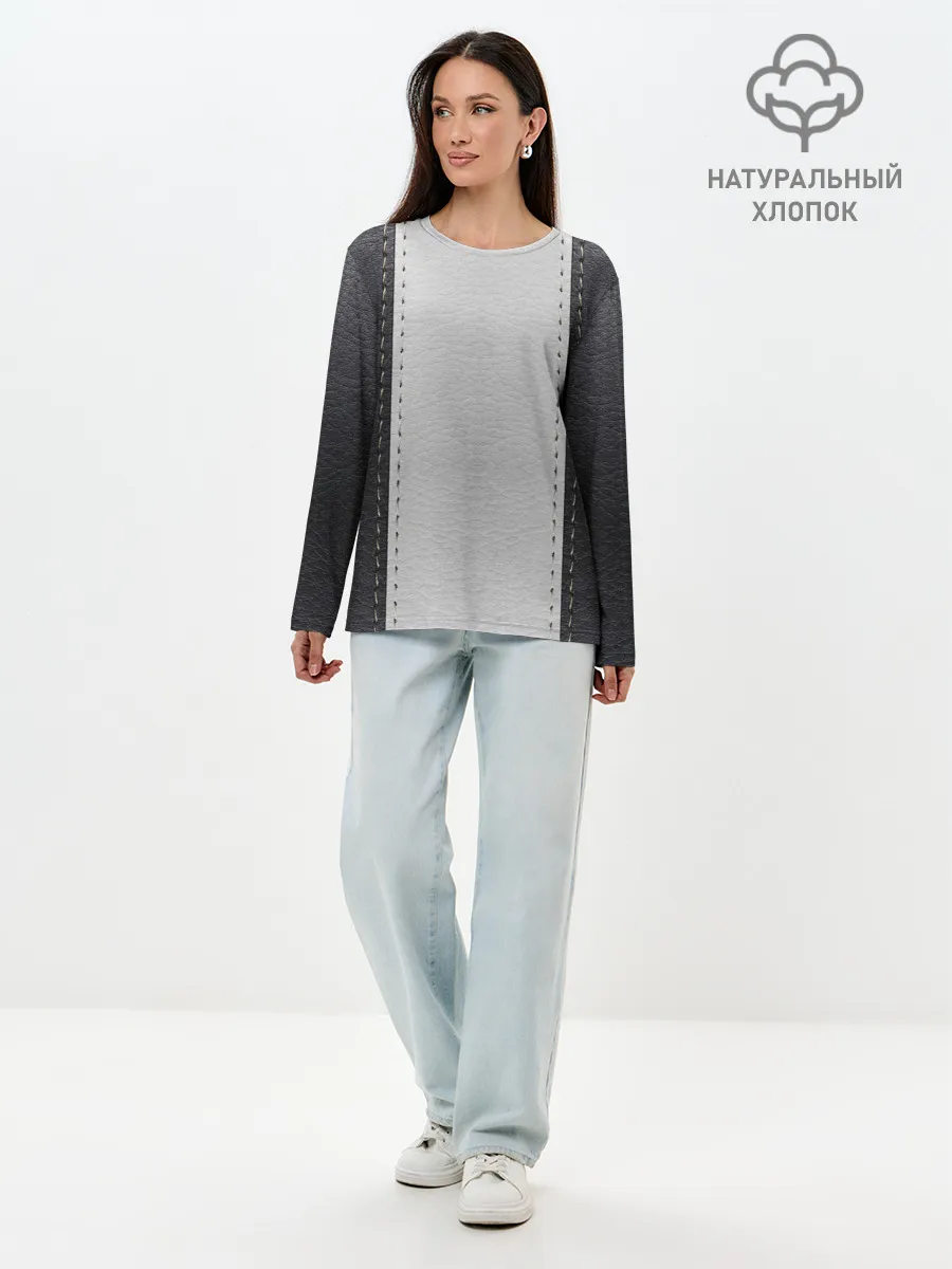 Лонгслив женский. Хлопок / Черно белая кожа