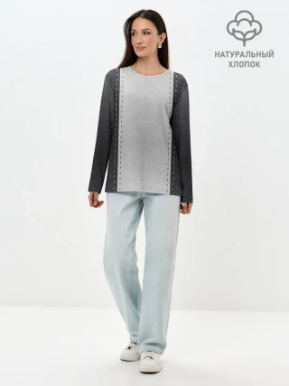 Лонгслив женский. Хлопок / Черно белая кожа