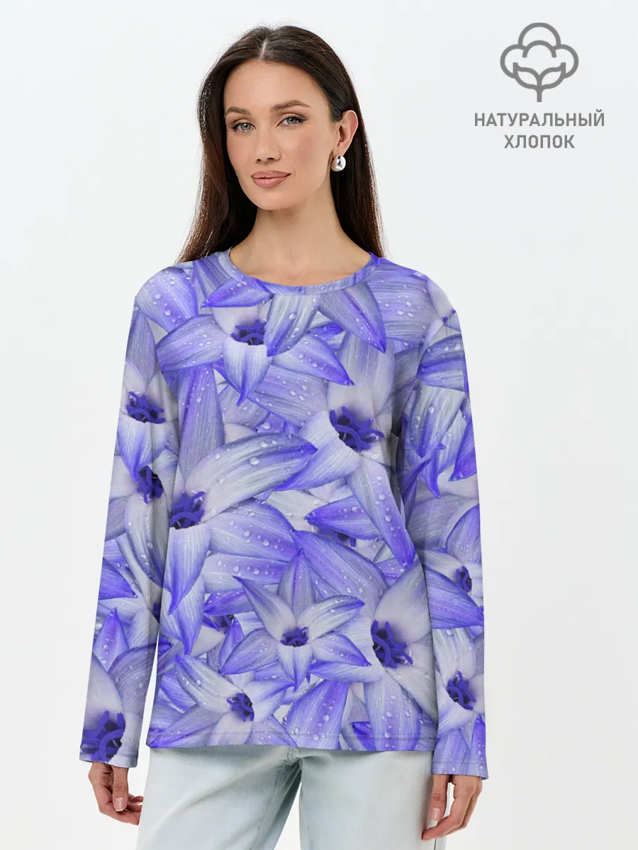 Лонгслив женский. Хлопок / Синие Цветы