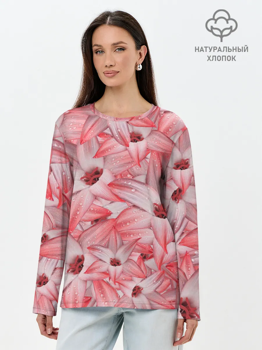 Лонгслив женский. Хлопок / Красные Цветы