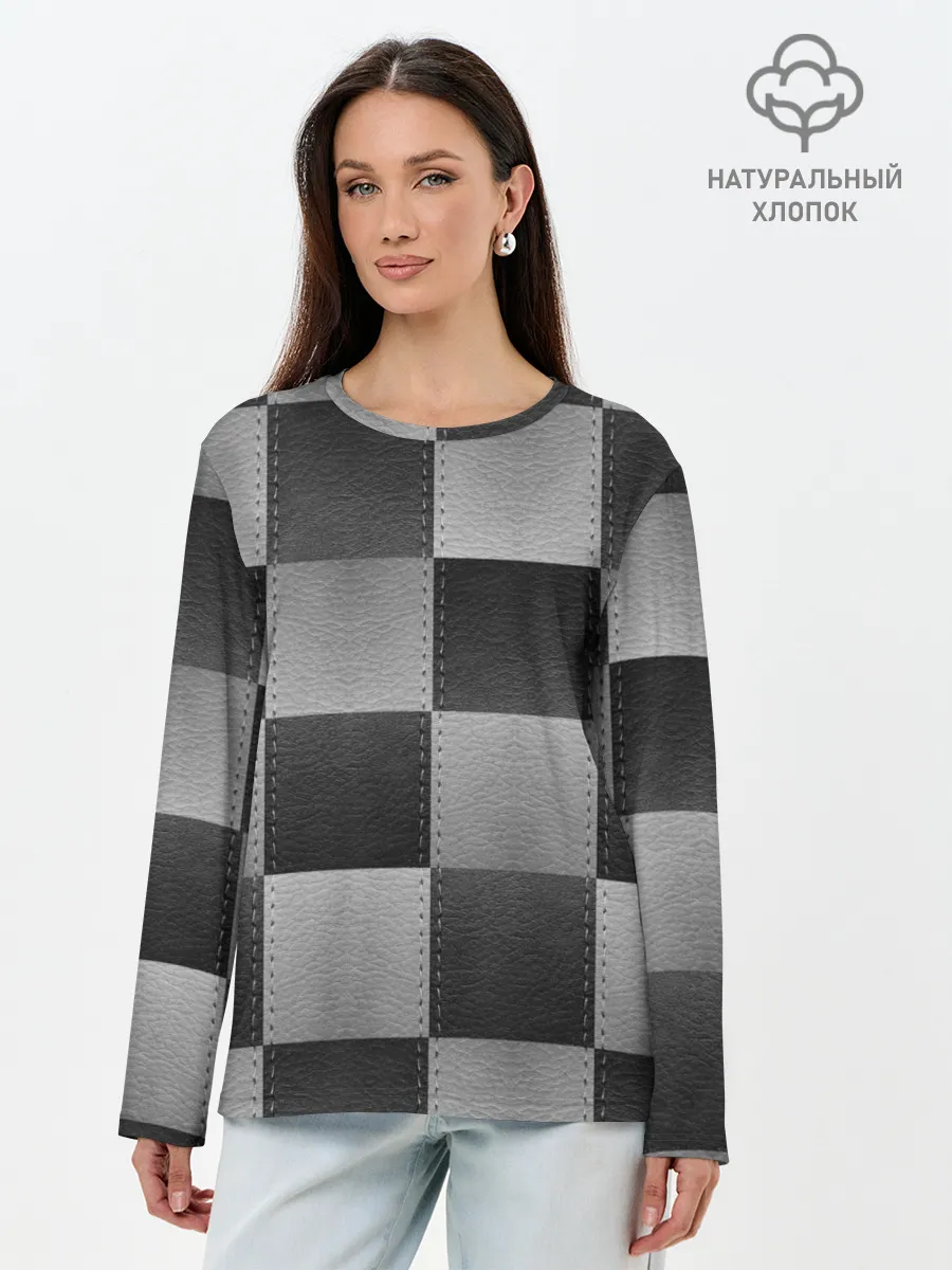 Лонгслив женский. Хлопок / Пэчворк из Кожи