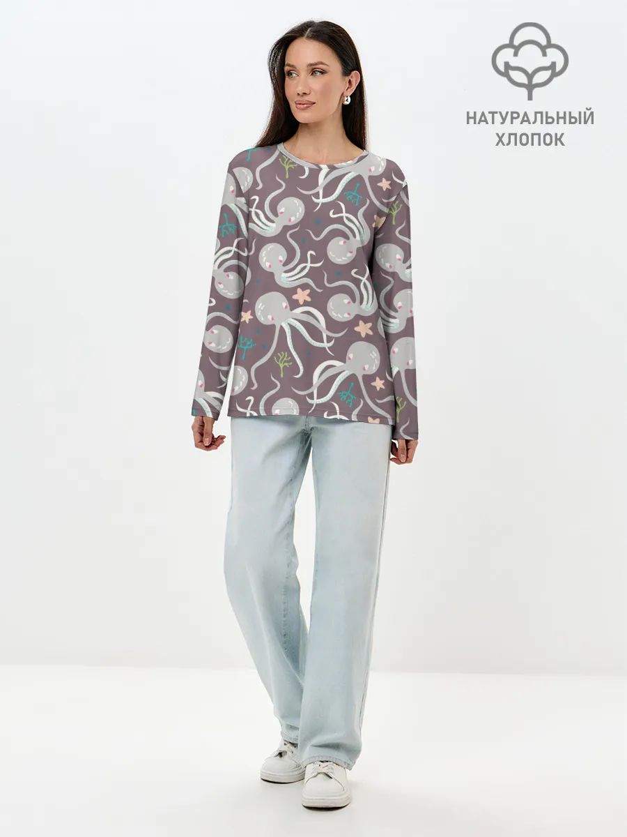 Лонгслив женский. Хлопок / Осьминоги