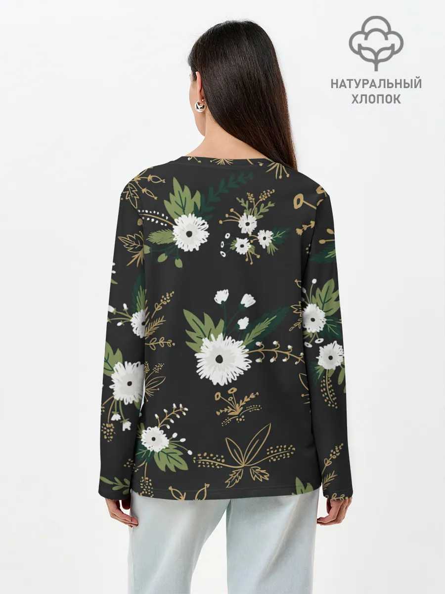 Лонгслив женский. Хлопок / Белые хризантемы