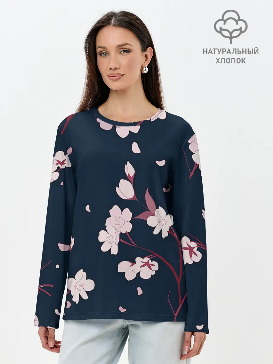 Лонгслив женский. Хлопок / Веточки сакуры