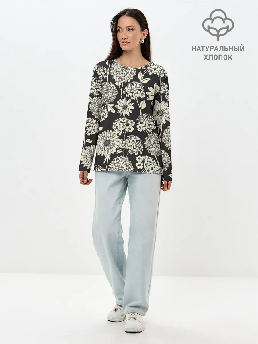 Лонгслив женский. Хлопок / Белые цветы