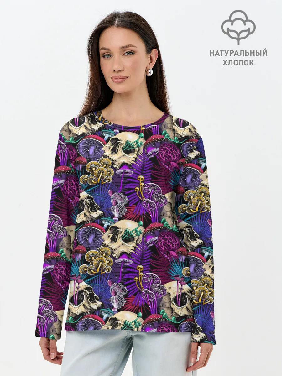 Лонгслив женский. Хлопок / Психоделика - черепа и грибы