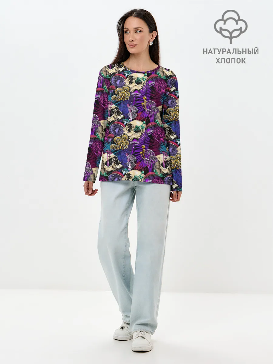 Лонгслив женский. Хлопок / Психоделика - черепа и грибы