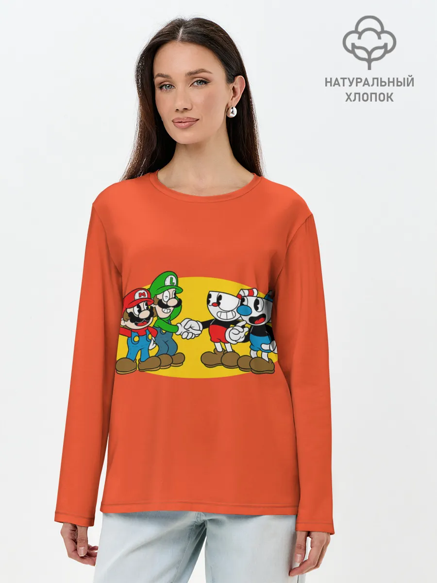 Лонгслив женский. Хлопок / CupHead x Mario