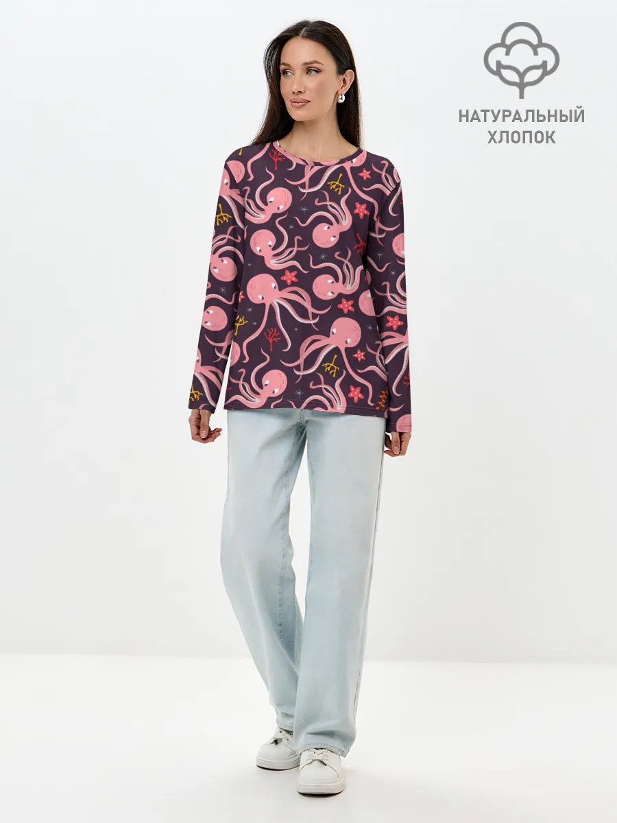 Лонгслив женский. Хлопок / Осьминоги