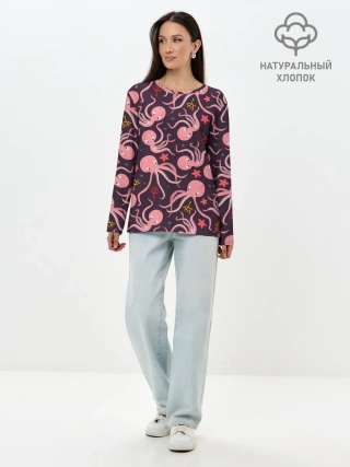 Лонгслив женский. Хлопок / Осьминоги