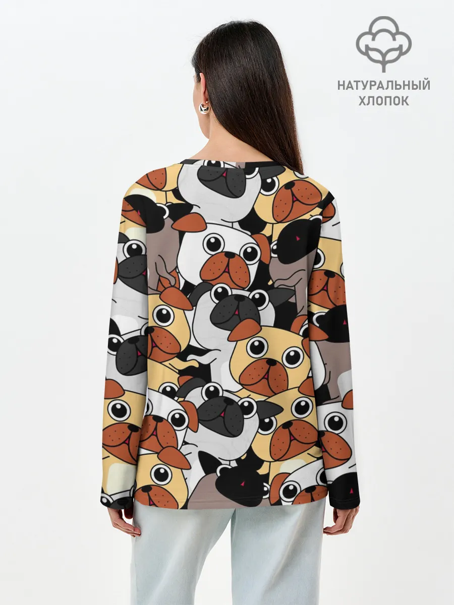Лонгслив женский. Хлопок / Собаки мопсы