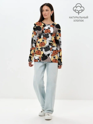 Лонгслив женский. Хлопок / Собаки мопсы