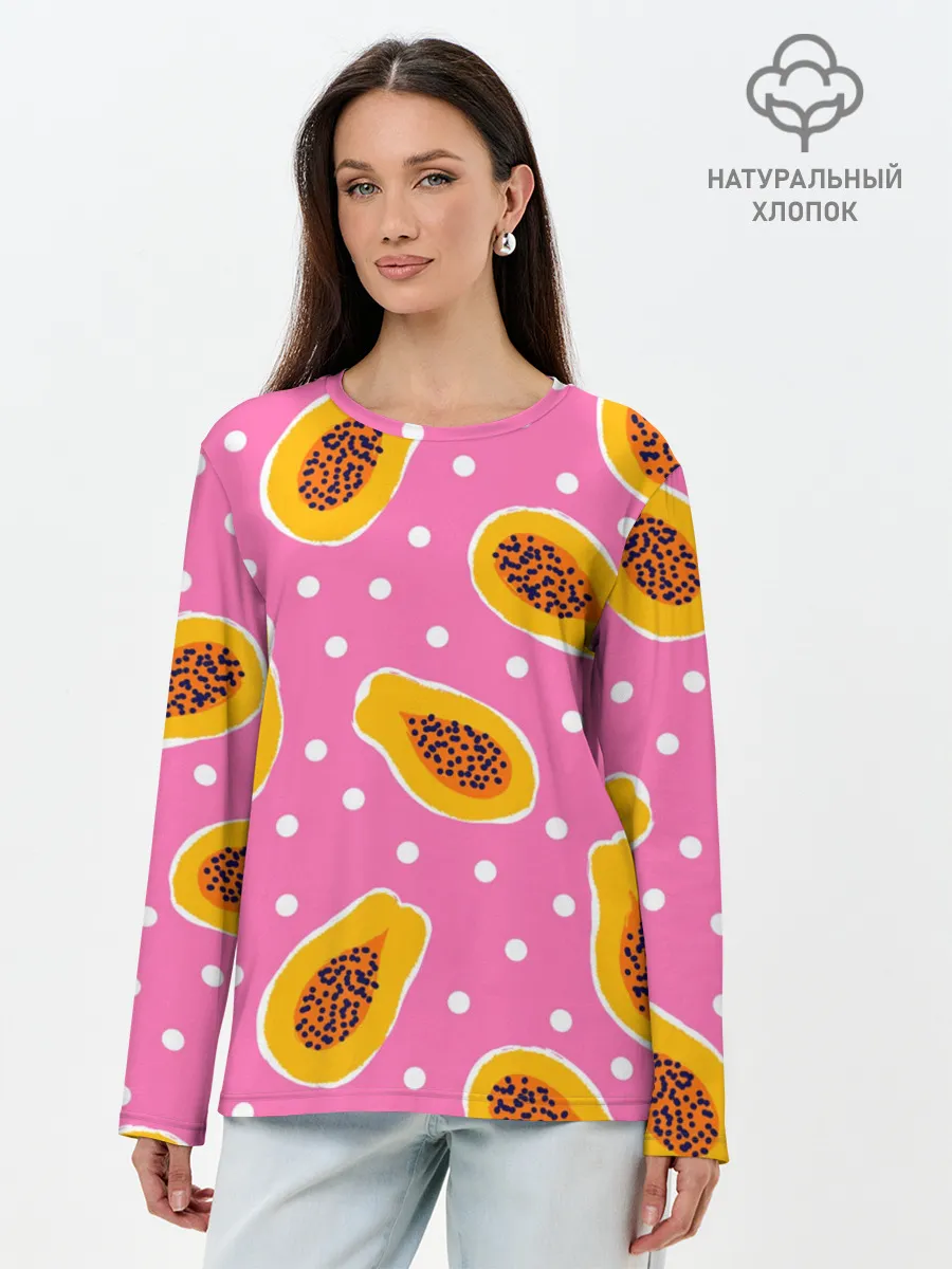 Лонгслив женский. Хлопок / Папайя на розовом