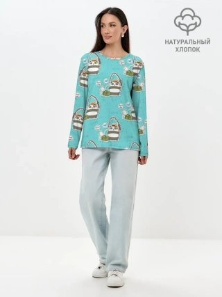 Лонгслив женский. Хлопок / Панда на рыбалке