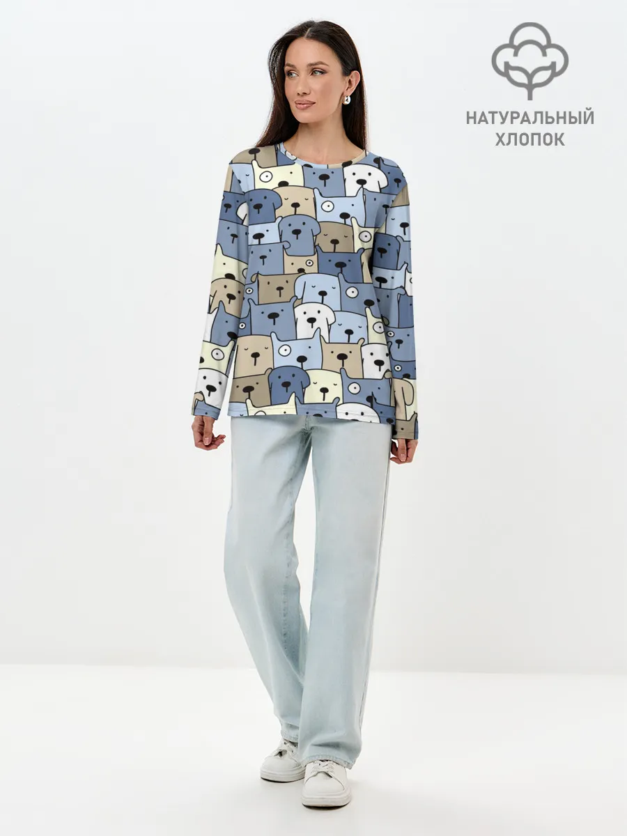Лонгслив женский. Хлопок / Собачки рисунок паттерном