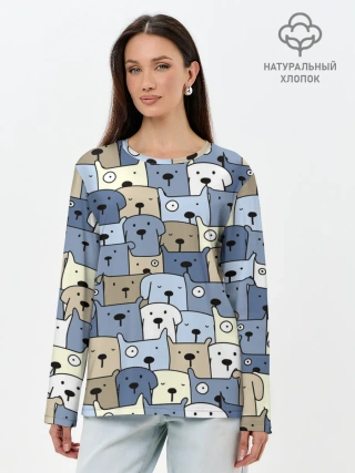Лонгслив женский. Хлопок / Собачки рисунок паттерном