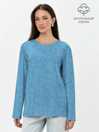 Лонгслив женский. Хлопок / Рыбки на голубом