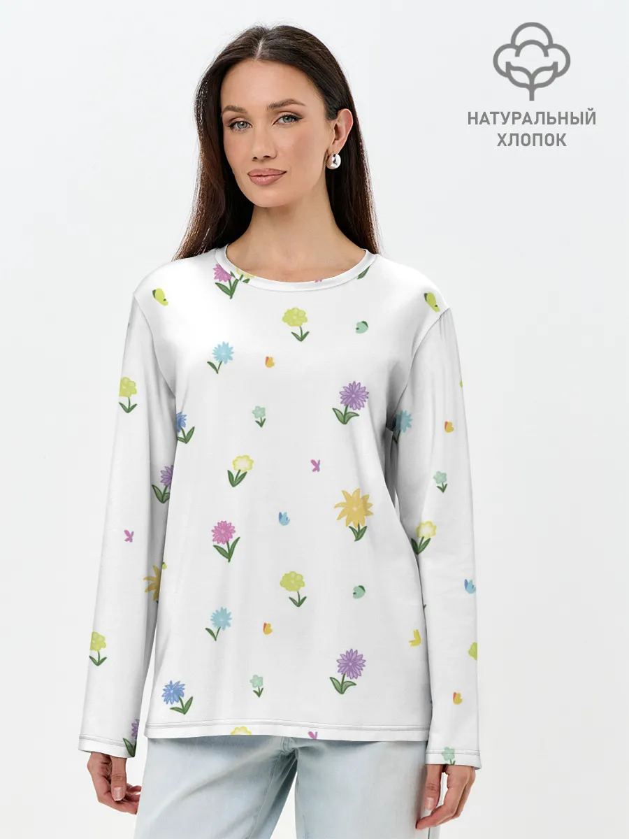 Лонгслив женский. Хлопок / Цветы и бабочки