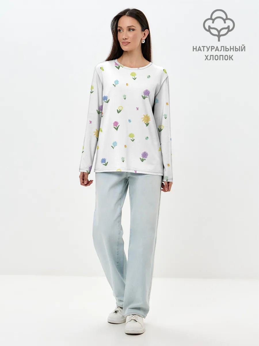 Лонгслив женский. Хлопок / Цветы и бабочки