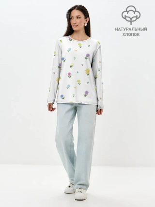 Лонгслив женский. Хлопок / Цветы и бабочки