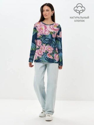 Лонгслив женский. Хлопок / Пионы