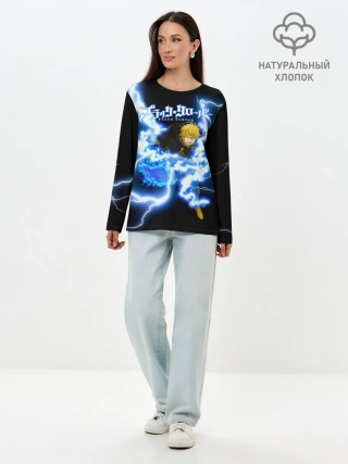 Лонгслив женский. Хлопок / Чёрный клевер удар молнии