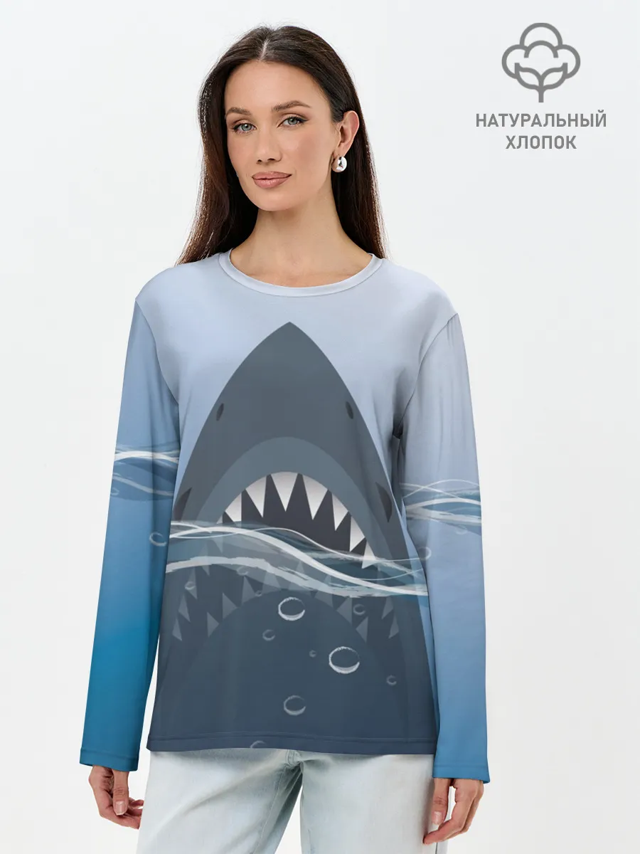 Лонгслив женский. Хлопок / Акула под водой