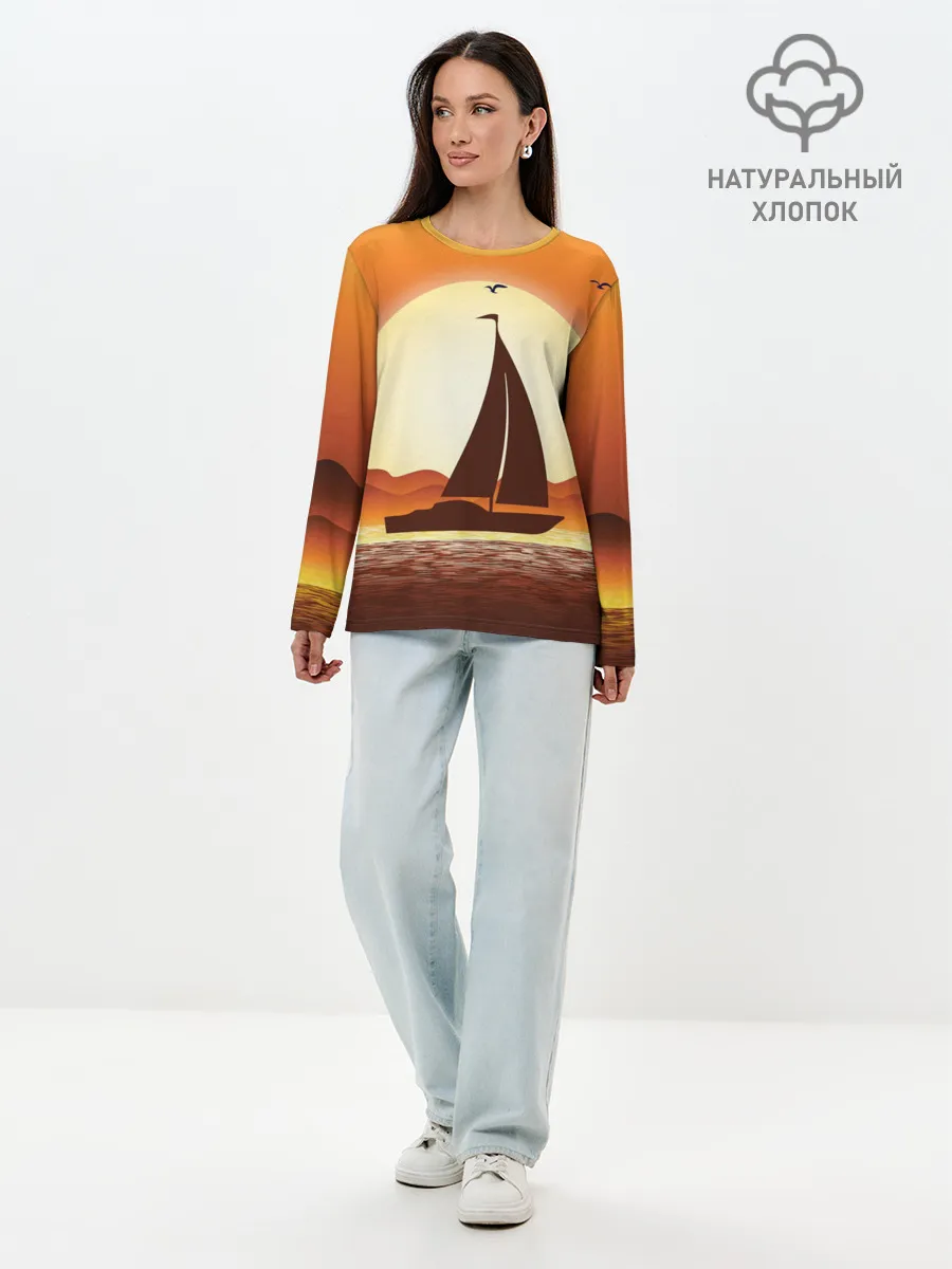 Лонгслив женский. Хлопок / Кораблик на закате