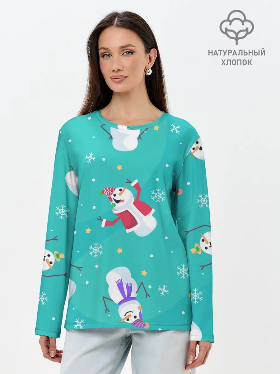 Лонгслив женский. Хлопок / РазНые Снеговики