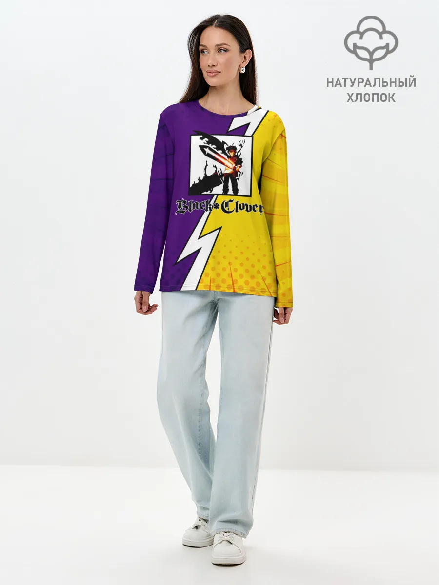 Лонгслив женский. Хлопок / Чёрный Аста фиолетовый/желтый