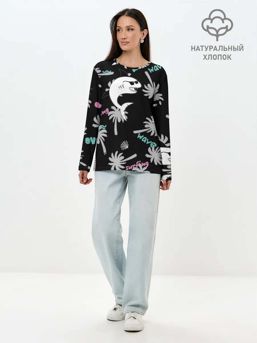 Лонгслив женский. Хлопок / Акула и серфинг