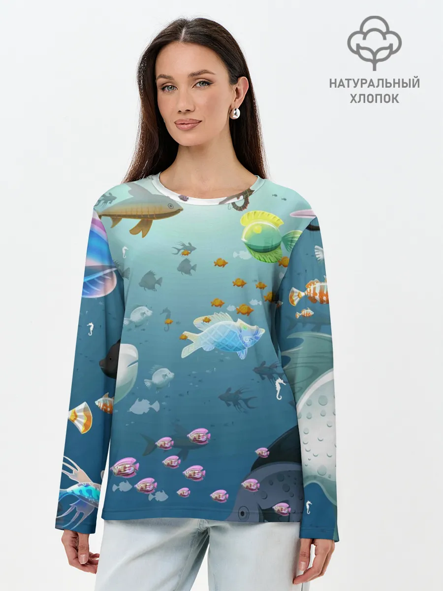 Лонгслив женский. Хлопок / Мультяшные рыбки | Пляжная