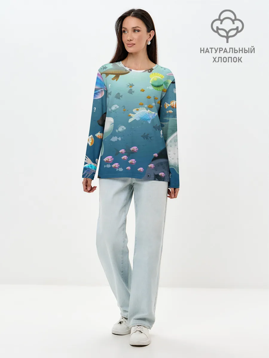 Лонгслив женский. Хлопок / Мультяшные рыбки | Пляжная