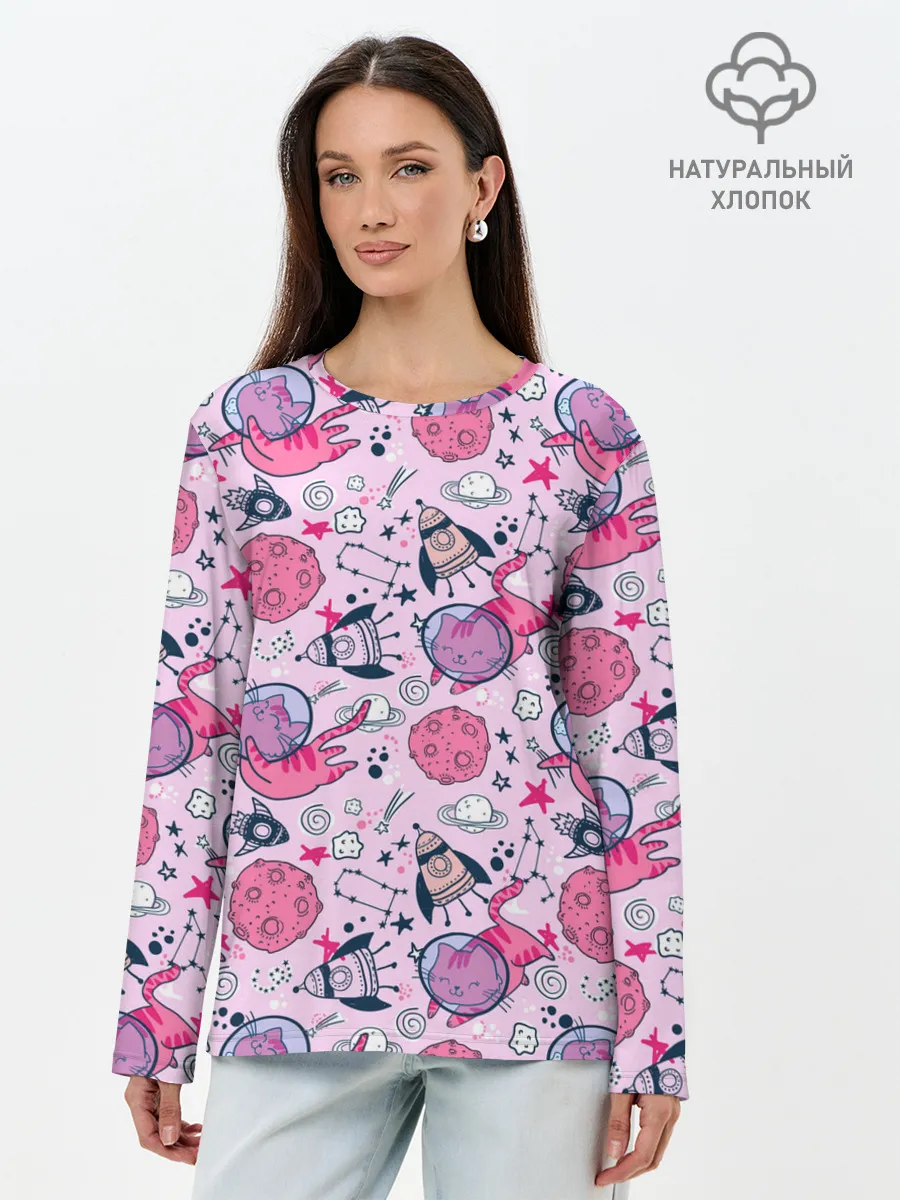 Лонгслив женский. Хлопок / Кошки в космосе