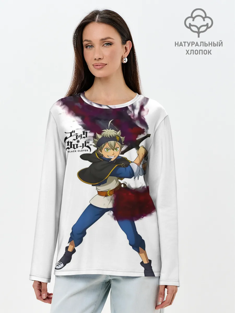 Лонгслив женский. Хлопок / Чёрный клевер Аста красный меч