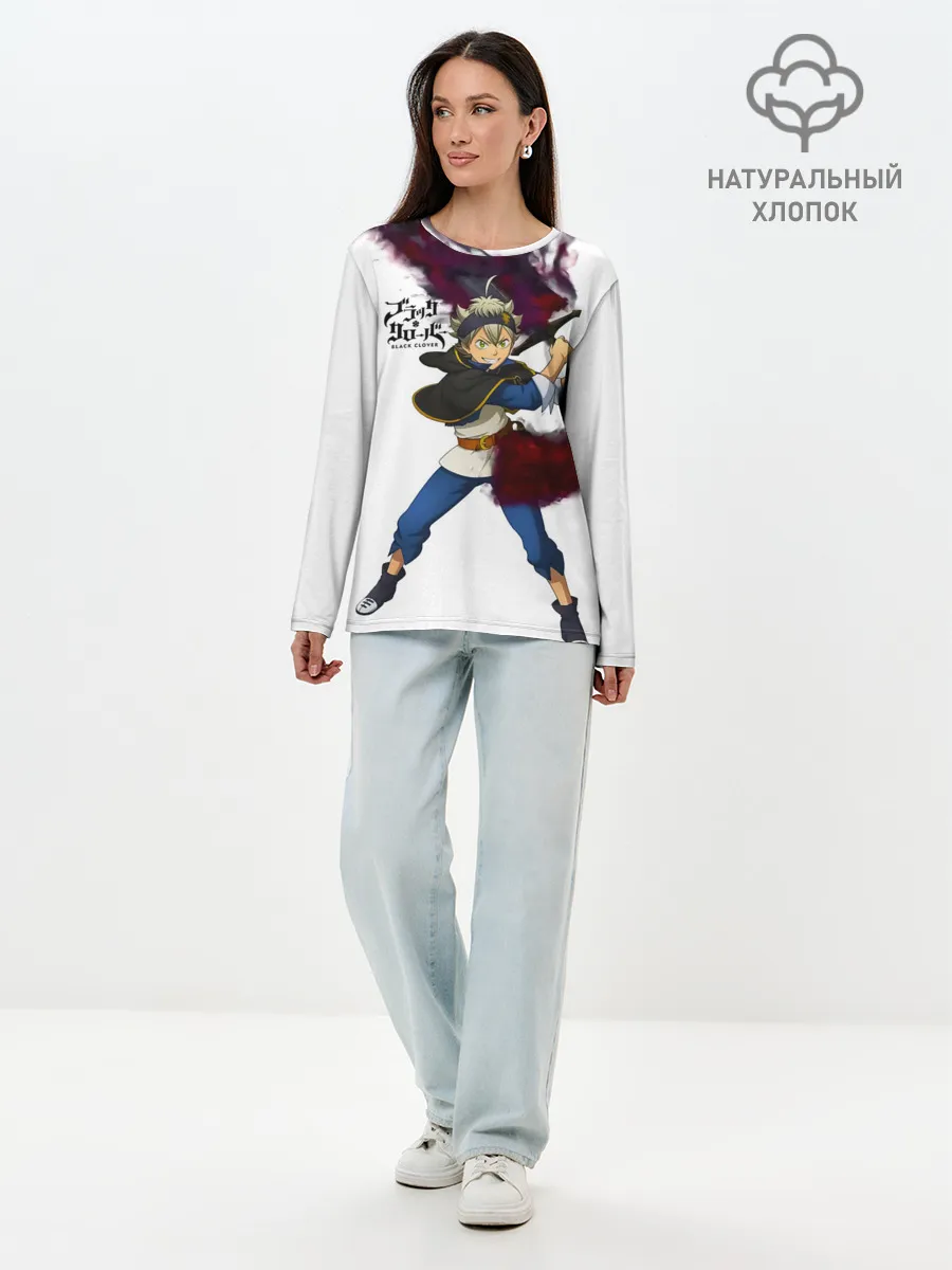 Лонгслив женский. Хлопок / Чёрный клевер Аста красный меч