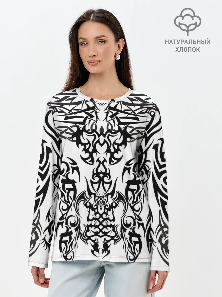 Лонгслив женский. Хлопок / ТАТУ ЧЕРНО БЕЛОЕ УЗОР