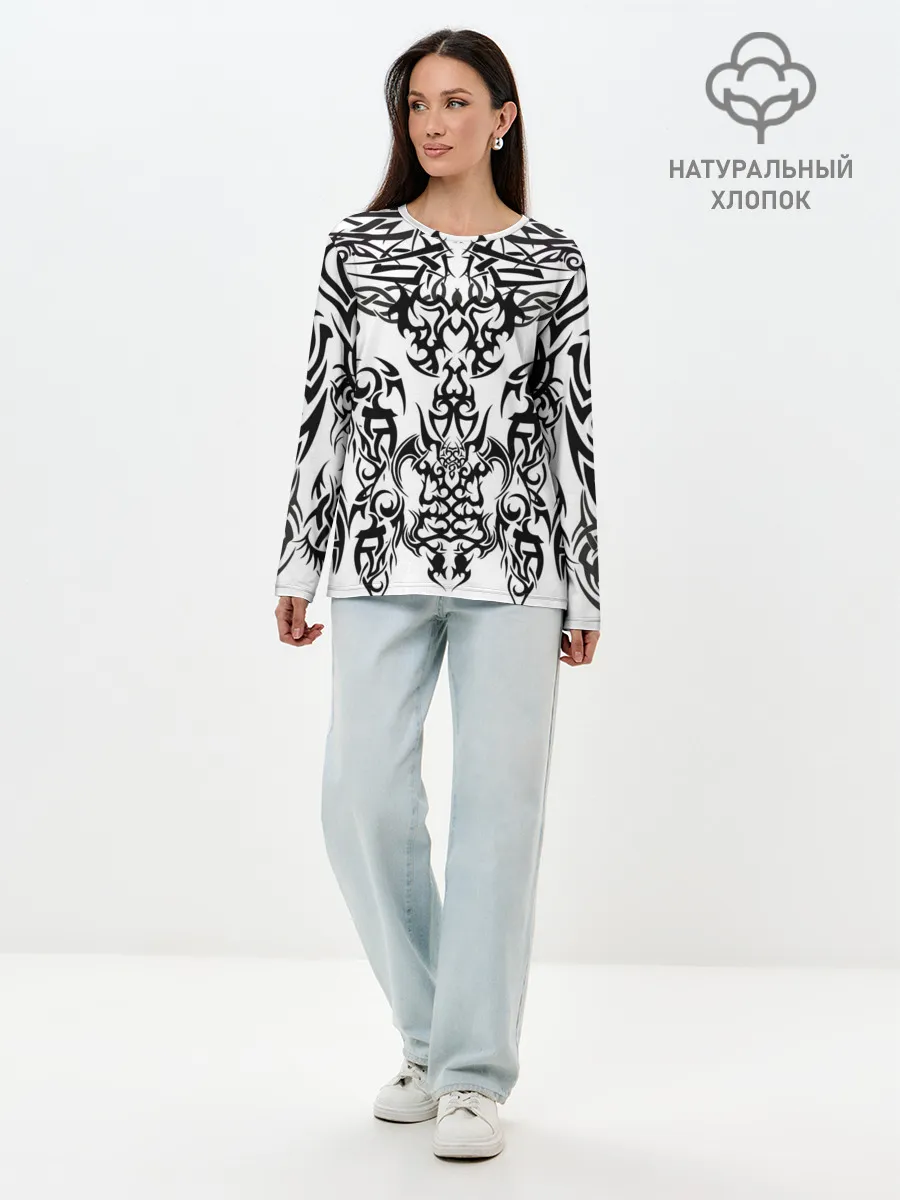 Лонгслив женский. Хлопок / ТАТУ ЧЕРНО БЕЛОЕ УЗОР