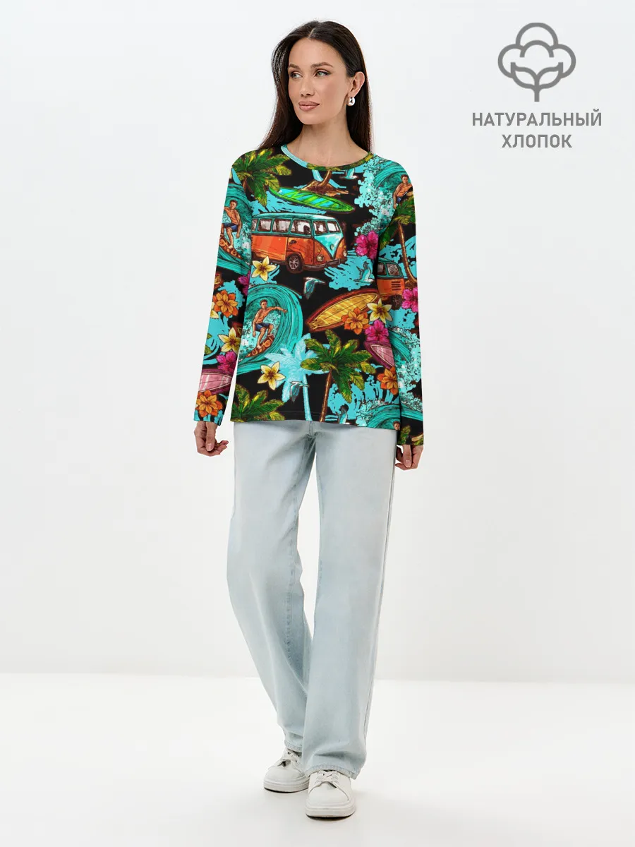 Лонгслив женский. Хлопок / Пальмы, волны, серфинг