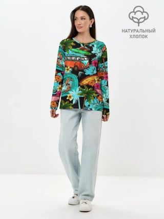 Лонгслив женский. Хлопок / Пальмы, волны, серфинг