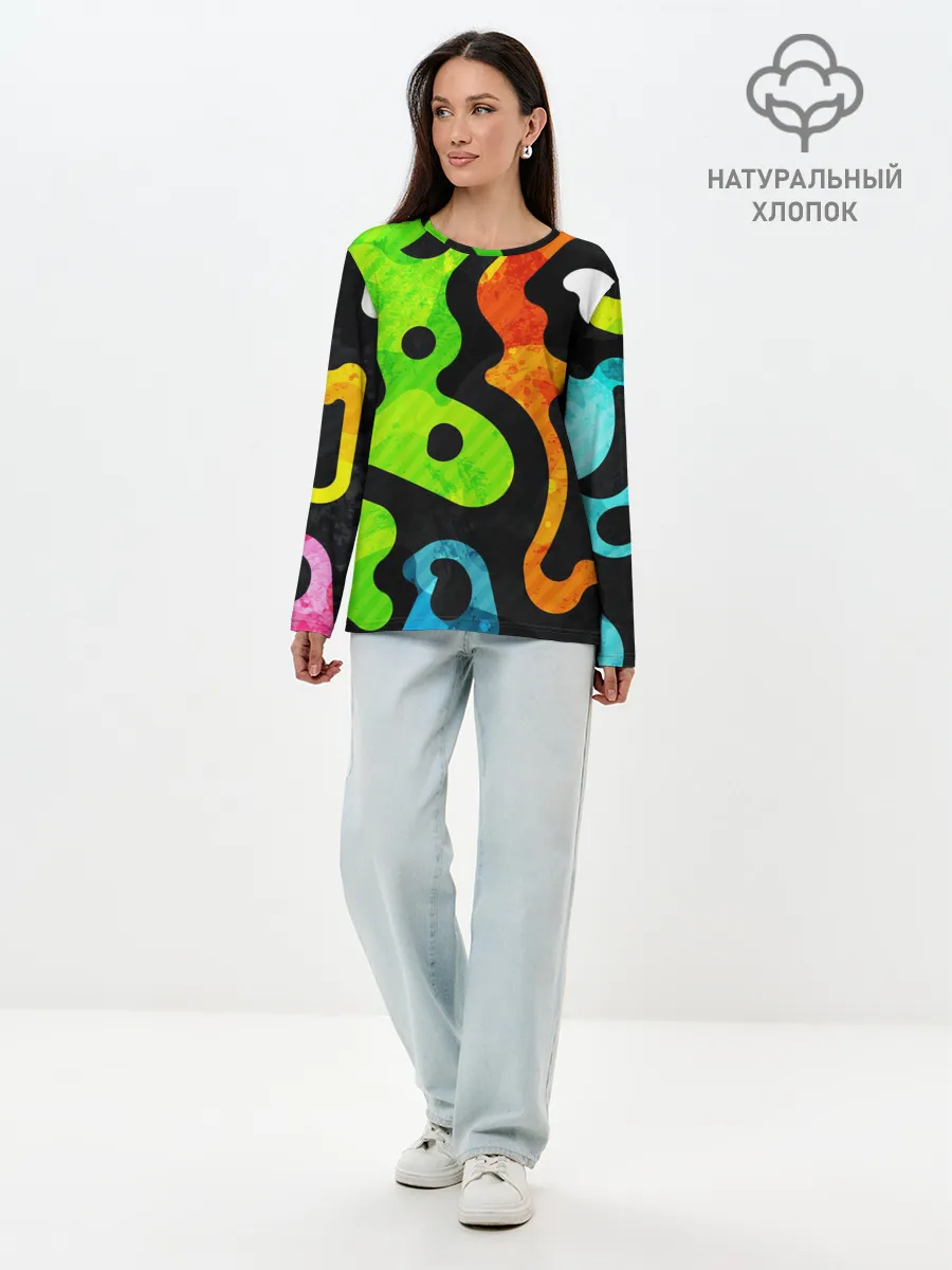 Лонгслив женский. Хлопок / Разноцветные Кляксы Фигуры