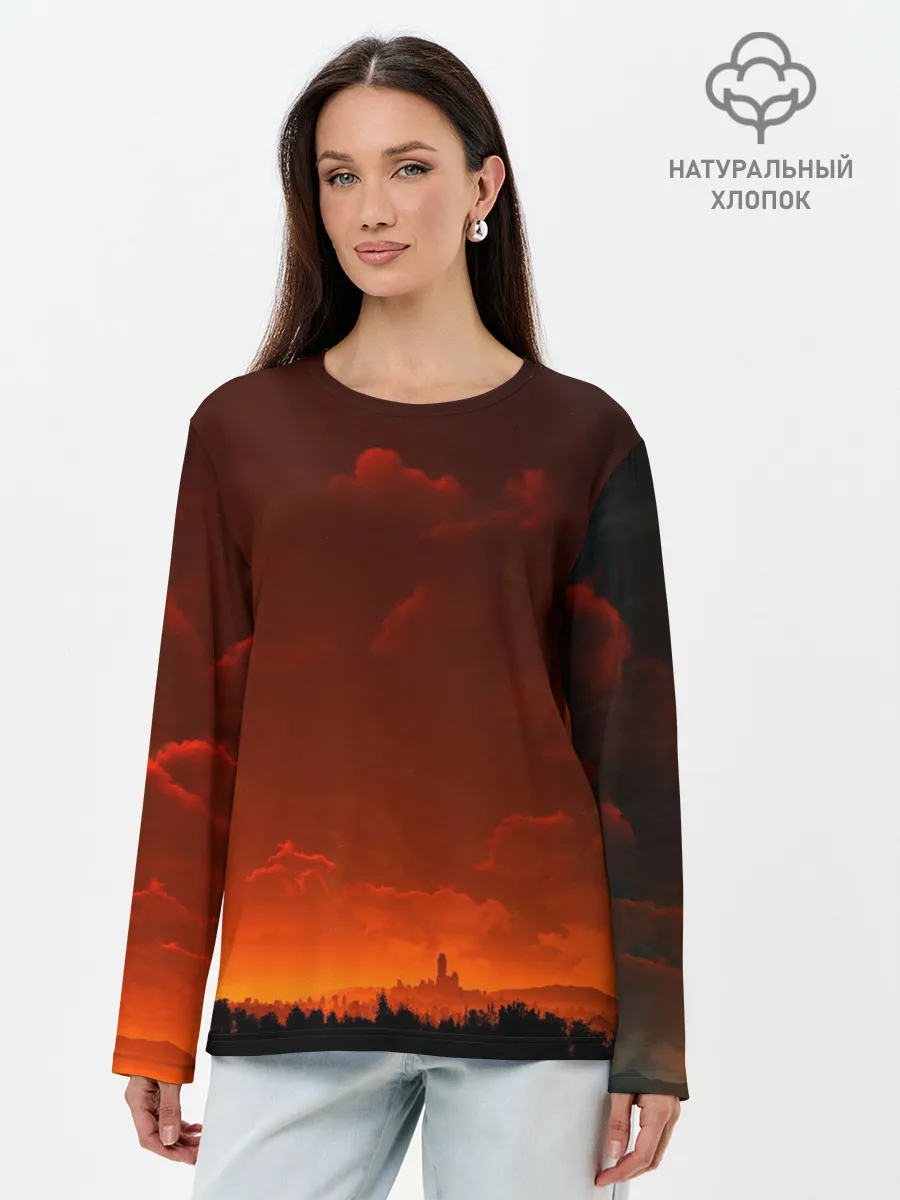 Лонгслив женский. Хлопок / Кровавый закат