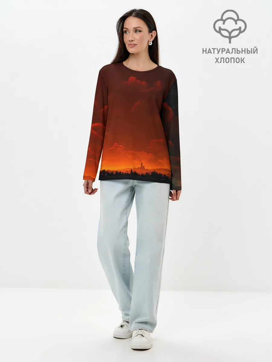 Лонгслив женский. Хлопок / Кровавый закат