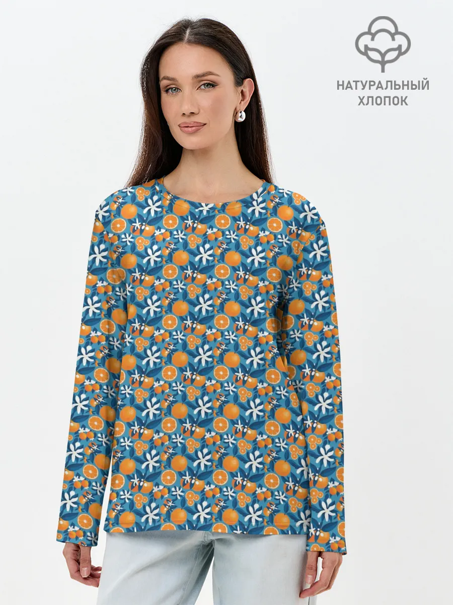 Лонгслив женский. Хлопок / АПЕЛЬСИННЫЙ ПАТТЕРН | ФРУКТЫ