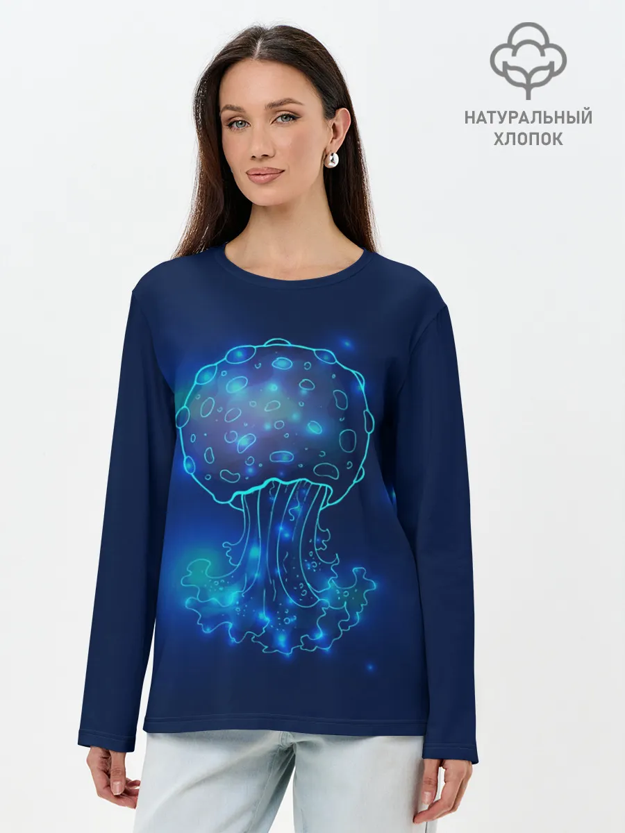 Лонгслив женский. Хлопок / Медуза на синем