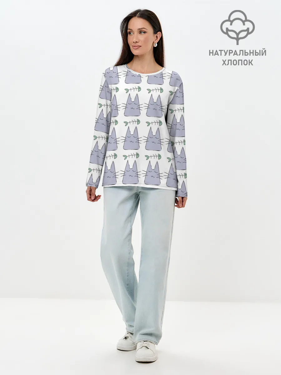 Лонгслив женский. Хлопок / Кот каваий