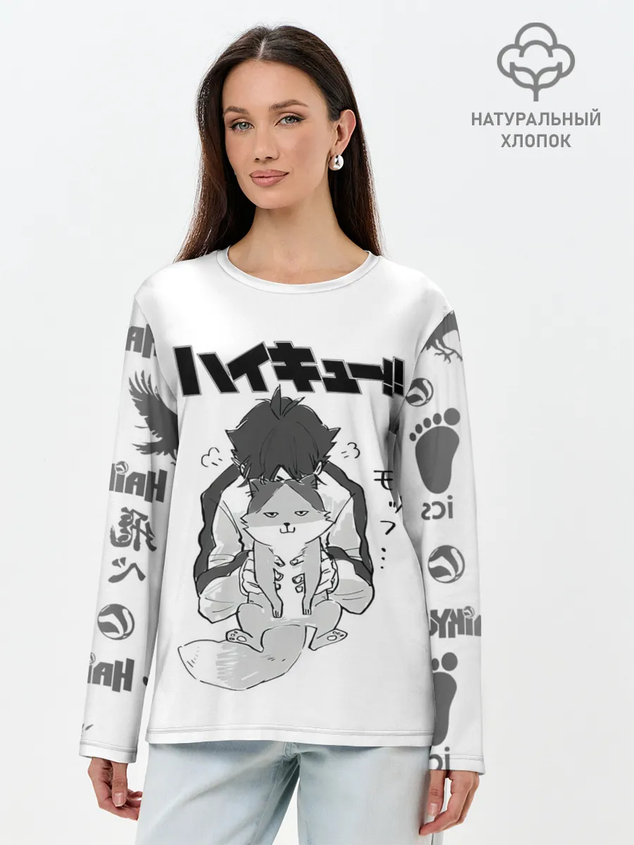 Лонгслив женский. Хлопок / Haikyu!! Кошка Некома