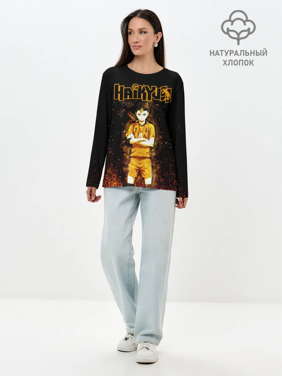 Лонгслив женский. Хлопок / ВОЛЕЙБОЛ!! Нишиноя в огне